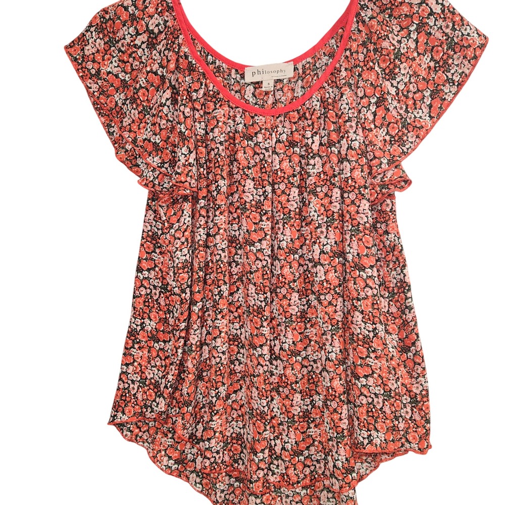 Philosophy Republic Clothing Red Floral Flutter Sleeve Scoop Neck Blouse Small